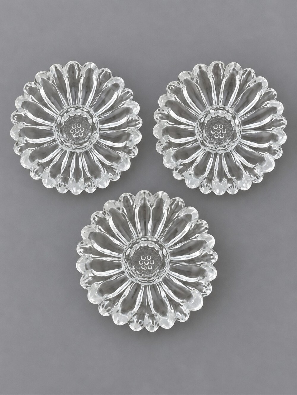 Vintage Set of Three Clear Glass Sunflower Candlestick Holders